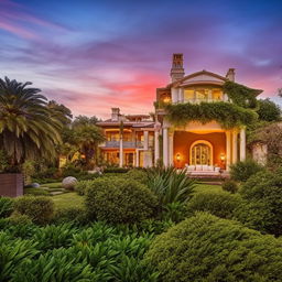 A luxurious, stunning house with intricate architecture and lush surrounding gardens under a captivating sunset sky.