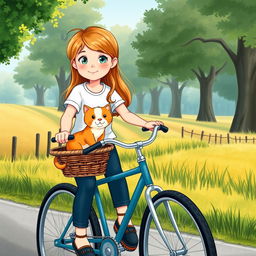 An illustration for a book cover featuring a young girl riding her bicycle, with a happy little ginger cat sitting in the bicycle's basket, its two small front paws sticking out