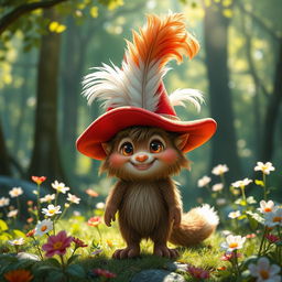 A whimsical furbolg character wearing a large, flamboyant red hat adorned with a striking white feather