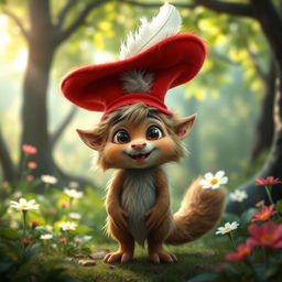 A whimsical furbolg character wearing a large, flamboyant red hat adorned with a striking white feather