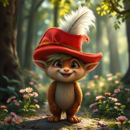 A whimsical furbolg character wearing a large, flamboyant red hat adorned with a striking white feather