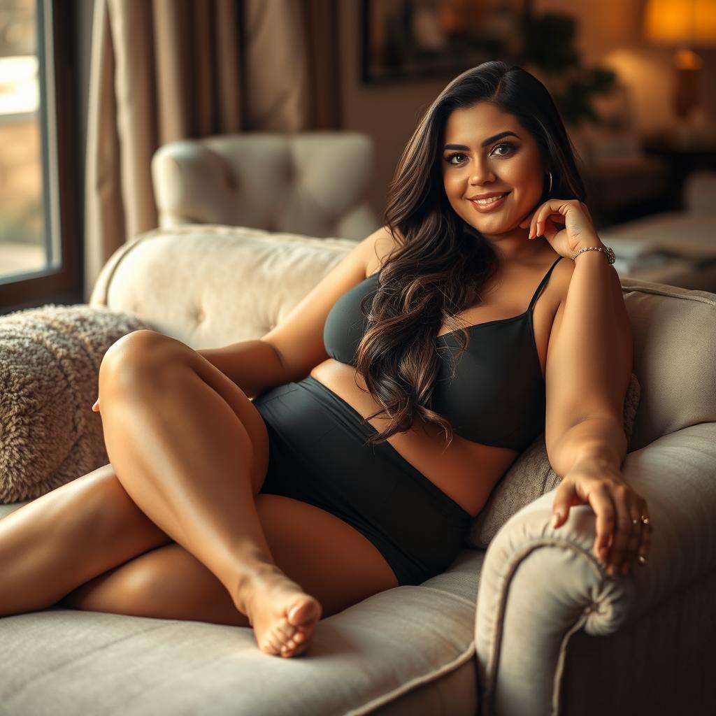 A voluptuous woman reclining comfortably, exuding confidence and beauty