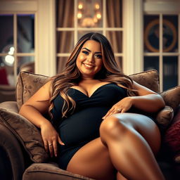 A voluptuous woman reclining comfortably, exuding confidence and beauty