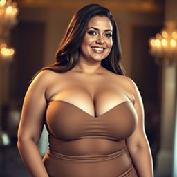 A voluptuous woman with big breasts, wearing a form-fitting dress that accentuates her curves