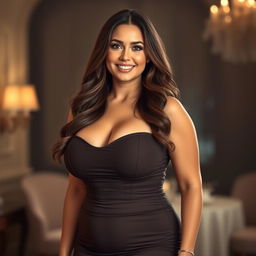 A voluptuous woman with big breasts, wearing a form-fitting dress that accentuates her curves