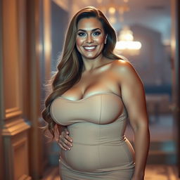 A voluptuous woman with big breasts, wearing a form-fitting dress that accentuates her curves