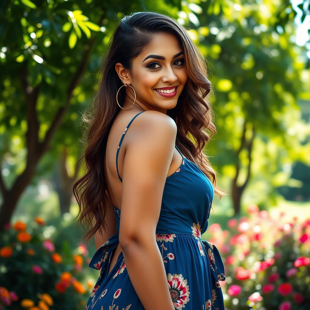 A close-up portrait of a confident and attractive woman with a big butt, wearing a stylish summer dress that accentuates her curves