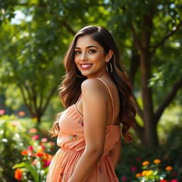 A close-up portrait of a confident and attractive woman with a big butt, wearing a stylish summer dress that accentuates her curves