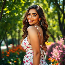 A close-up portrait of a confident and attractive woman with a big butt, wearing a stylish summer dress that accentuates her curves