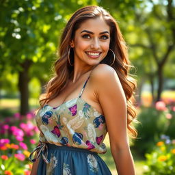 A close-up portrait of a confident and attractive woman with a big butt, wearing a stylish summer dress that accentuates her curves