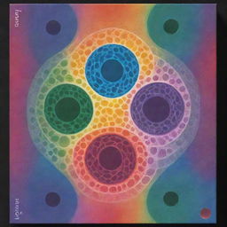 A beautifully straight 10x6 game box design showcasing vibrant mitotic phases through animated, playful cells in division. The cells, set against a rainbow of patterns, encompass a striking, centrally placed title, creating a dynamic, engaging visual.