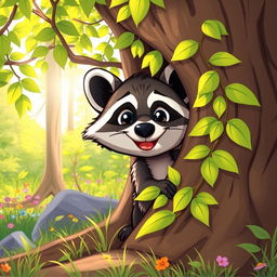 A cartoon-style illustration of a playful and mischievous raccoon peeking out from behind a tree, with bright green foliage surrounding it