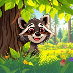 A cartoon-style illustration of a playful and mischievous raccoon peeking out from behind a tree, with bright green foliage surrounding it