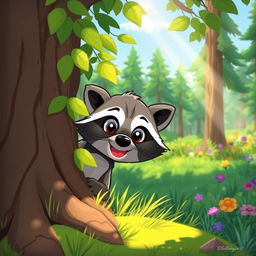 A cartoon-style illustration of a playful and mischievous raccoon peeking out from behind a tree, with bright green foliage surrounding it