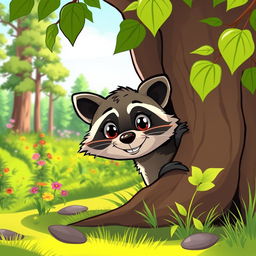 A cartoon-style illustration of a playful and mischievous raccoon peeking out from behind a tree, with bright green foliage surrounding it