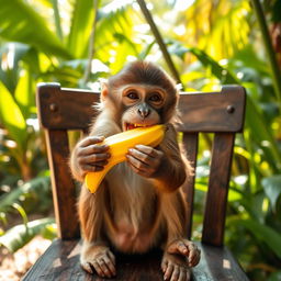 A playful monkey sitting on a wooden chair, joyfully eating a bright yellow banana