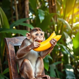 A playful monkey sitting on a wooden chair, joyfully eating a bright yellow banana