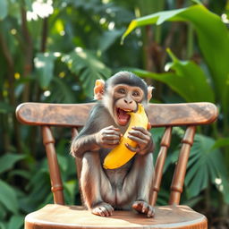 A playful monkey sitting on a wooden chair, joyfully eating a bright yellow banana