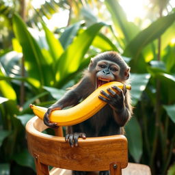 A playful monkey sitting on a wooden chair, joyfully eating a bright yellow banana