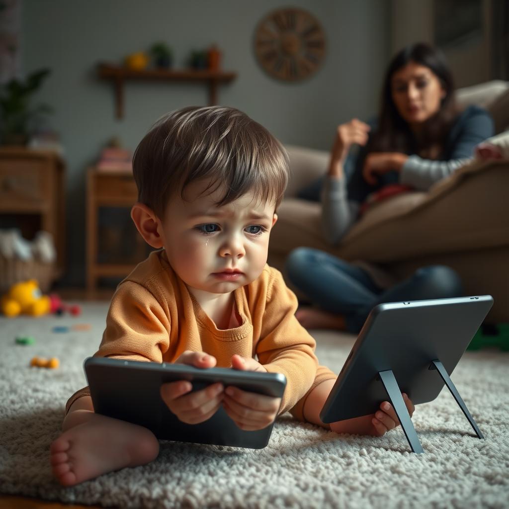 A scene depicting a young child sitting on the floor in a living room, tears rolling down their cheeks, looking forlorn and sad after their mother has removed a game app from their tablet