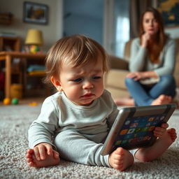 A scene depicting a young child sitting on the floor in a living room, tears rolling down their cheeks, looking forlorn and sad after their mother has removed a game app from their tablet