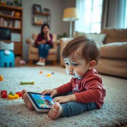 A scene depicting a young child sitting on the floor in a living room, tears rolling down their cheeks, looking forlorn and sad after their mother has removed a game app from their tablet