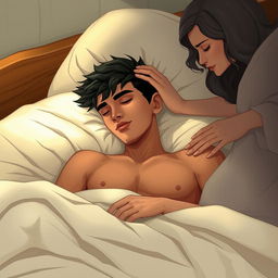 A handsome 16-year-old boy with striking black hair, a blend of Egyptian and Greek features, and captivating green eyes lined with kohl is illustrated sleeping peacefully on a bed without a shirt, revealing his toned abs