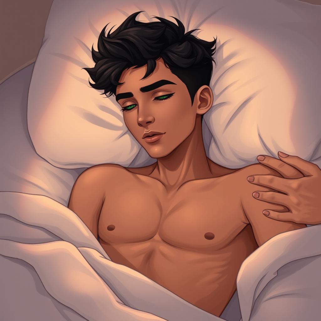 A handsome 16-year-old boy with striking black hair, a blend of Egyptian and Greek features, and captivating green eyes lined with kohl is illustrated sleeping peacefully on a bed without a shirt, revealing his toned abs