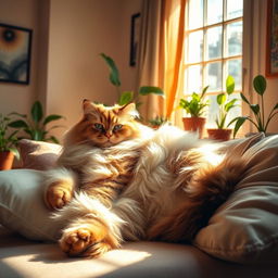 A large, majestic cat lounging comfortably in a sunlit room, surrounded by soft pillows and vibrant houseplants