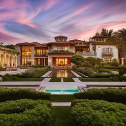 A luxurious, stunning house with intricate architecture and lush surrounding gardens under a captivating sunset sky.