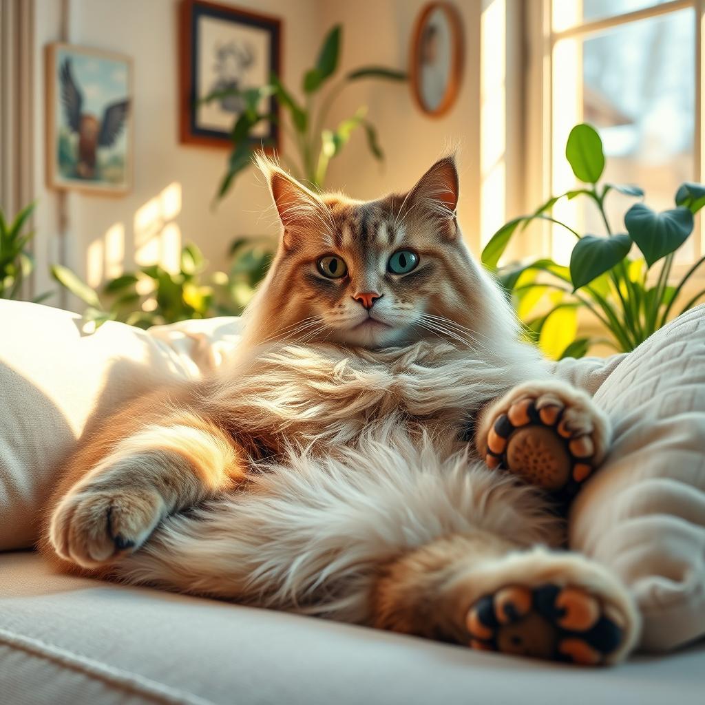 A large, majestic cat lounging comfortably in a sunlit room, surrounded by soft pillows and vibrant houseplants