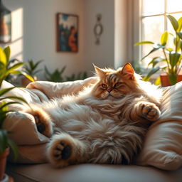 A large, majestic cat lounging comfortably in a sunlit room, surrounded by soft pillows and vibrant houseplants