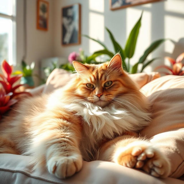 A large, majestic cat lounging comfortably in a sunlit room, surrounded by soft pillows and vibrant houseplants