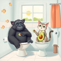 A whimsical scene depicting a cat sitting on a toilet next to a gorilla, both appearing relaxed