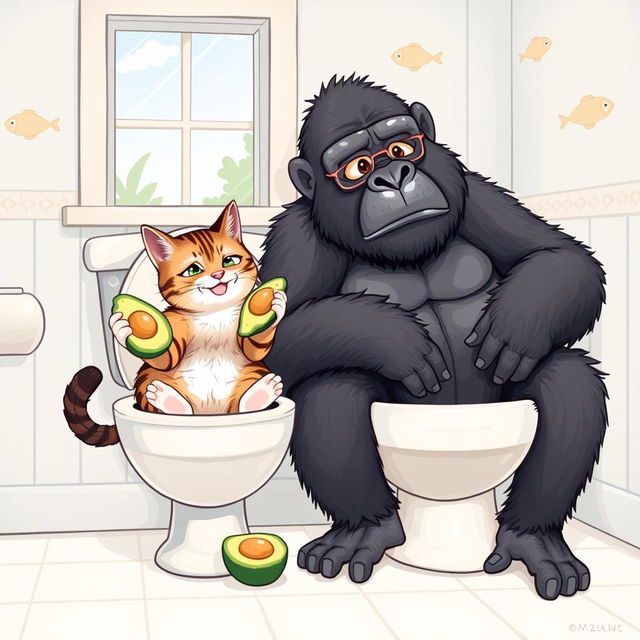 A whimsical scene depicting a cat sitting on a toilet next to a gorilla, both appearing relaxed