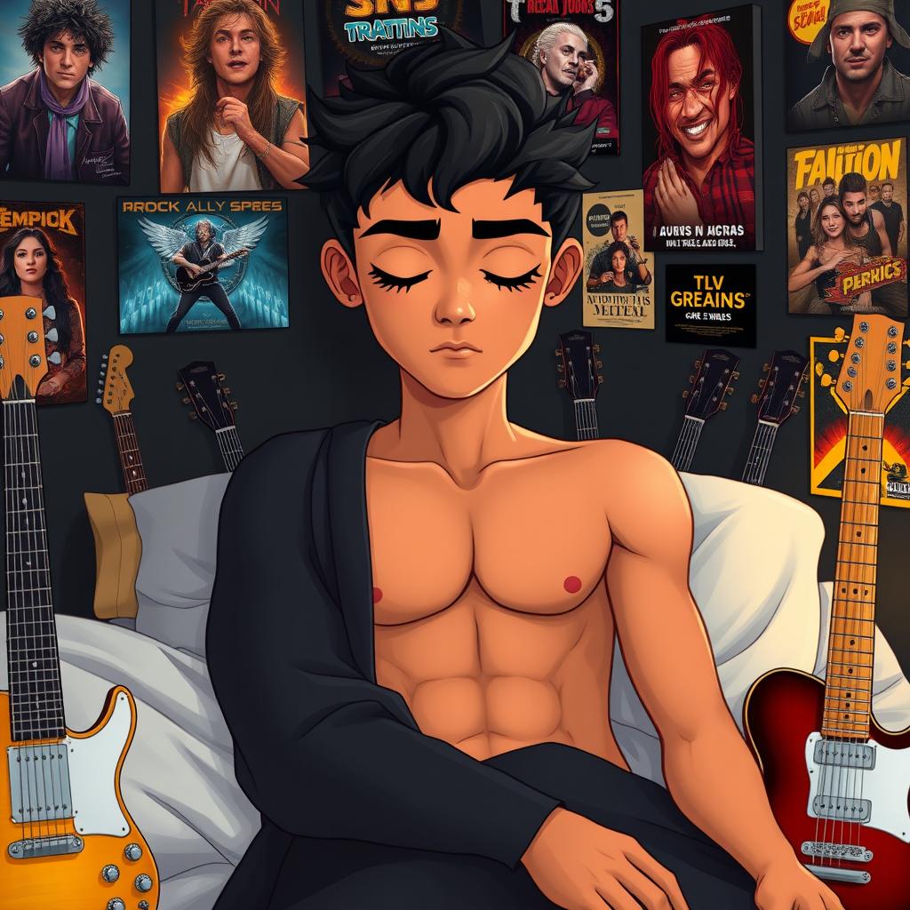 A handsome 16-year-old boy with striking black hair, a combination of Egyptian and Greek features, and captivating green eyes lined with kohl is illustrated sleeping on a bed