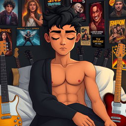 A handsome 16-year-old boy with striking black hair, a combination of Egyptian and Greek features, and captivating green eyes lined with kohl is illustrated sleeping on a bed