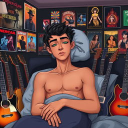 A handsome 16-year-old boy with striking black hair, a combination of Egyptian and Greek features, and captivating green eyes lined with kohl is illustrated sleeping on a bed