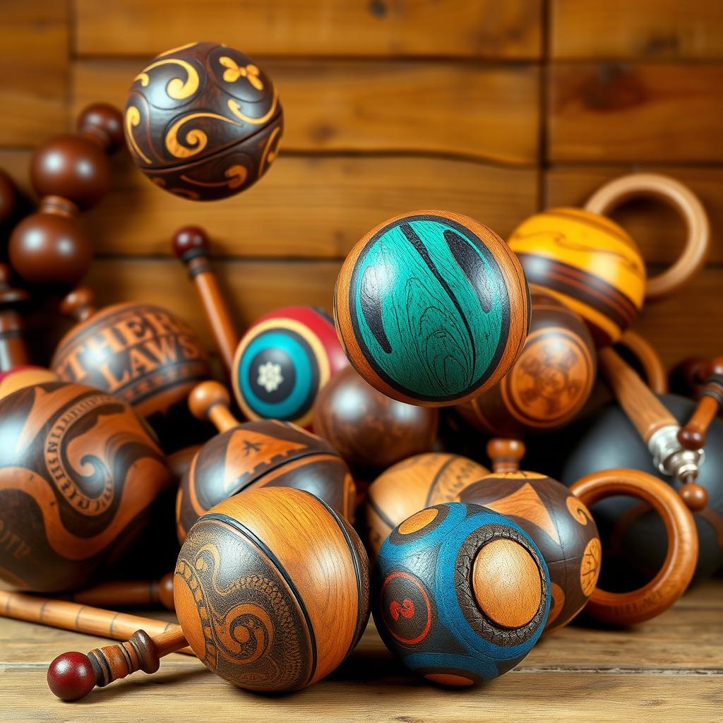 A vibrant and colorful display of wooden juggling balls, hand-carved from rich, dark wood, showcasing intricate designs and patterns