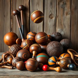 A vibrant and colorful display of wooden juggling balls, hand-carved from rich, dark wood, showcasing intricate designs and patterns