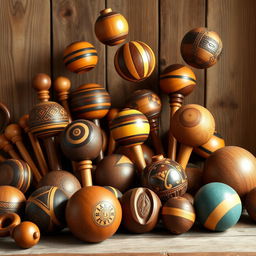 A vibrant and colorful display of wooden juggling balls, hand-carved from rich, dark wood, showcasing intricate designs and patterns