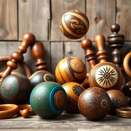 A vibrant and colorful display of wooden juggling balls, hand-carved from rich, dark wood, showcasing intricate designs and patterns