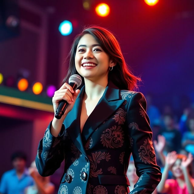 A young female singer wearing a stylish blazer, confidently performing on stage