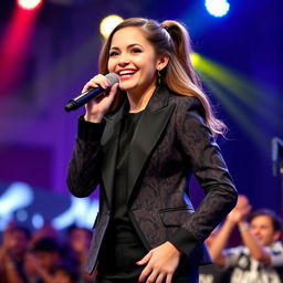 A young female singer wearing a stylish blazer, confidently performing on stage