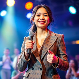 A young female singer wearing a stylish blazer, confidently performing on stage