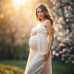 A stunning portrait of a radiant pregnant woman embodying grace and elegance, standing confidently in a beautiful flowing gown that accentuates her baby bump