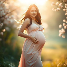 A stunning portrait of a radiant pregnant woman embodying grace and elegance, standing confidently in a beautiful flowing gown that accentuates her baby bump