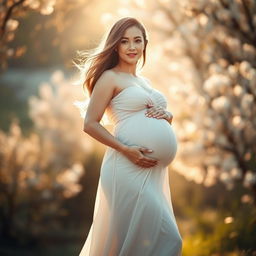 A stunning portrait of a radiant pregnant woman embodying grace and elegance, standing confidently in a beautiful flowing gown that accentuates her baby bump