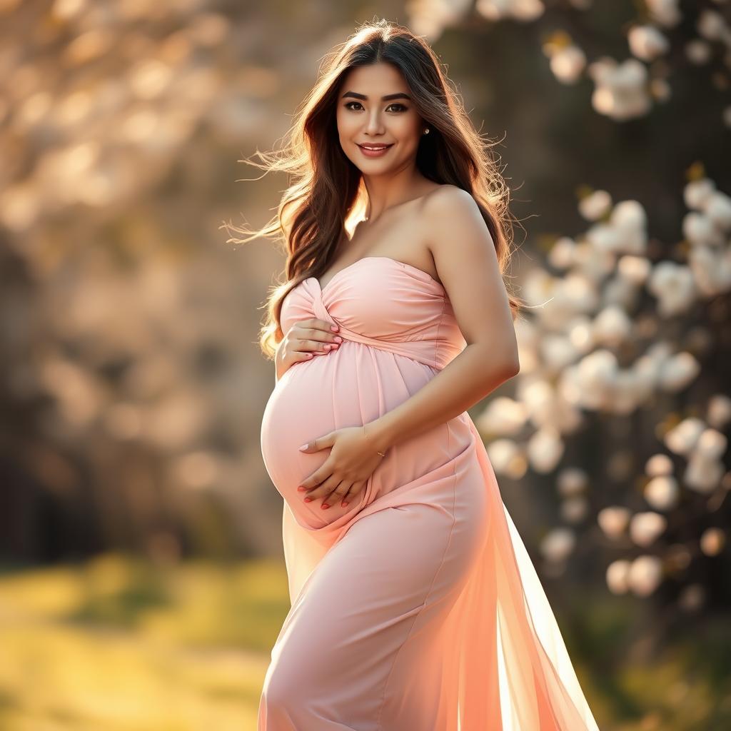 A stunning portrait of a radiant pregnant woman embodying grace and elegance, standing confidently in a beautiful flowing gown that accentuates her baby bump