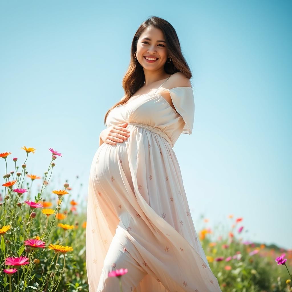 A heartwarming image of a expectant mother standing outdoors, showcasing her pregnancy with a gentle hand on her baby bump